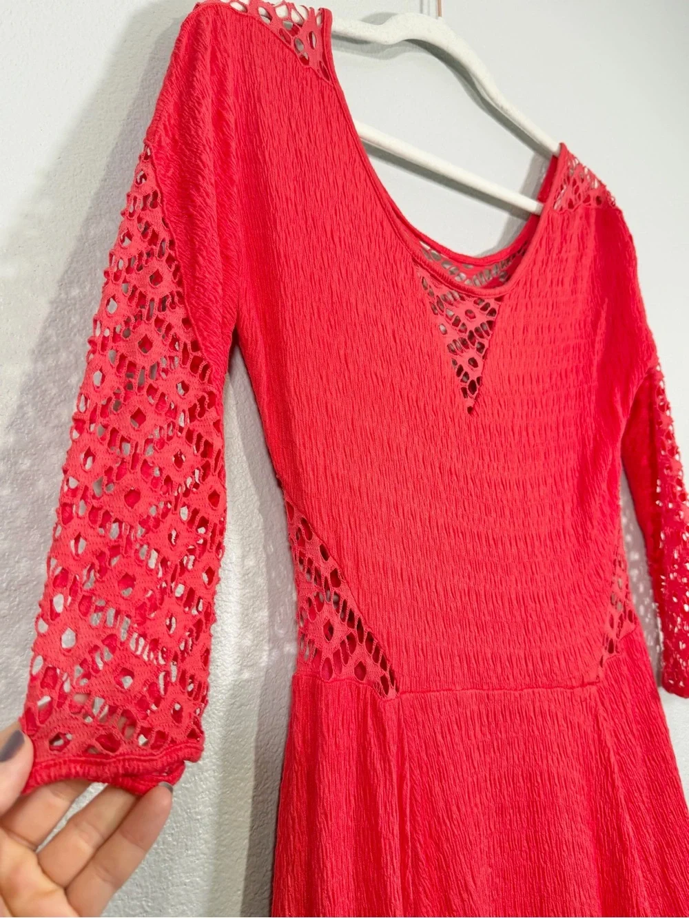 Free People To The Point Dress Coral Red Lace Cut Outs Flare Bohemian Women M